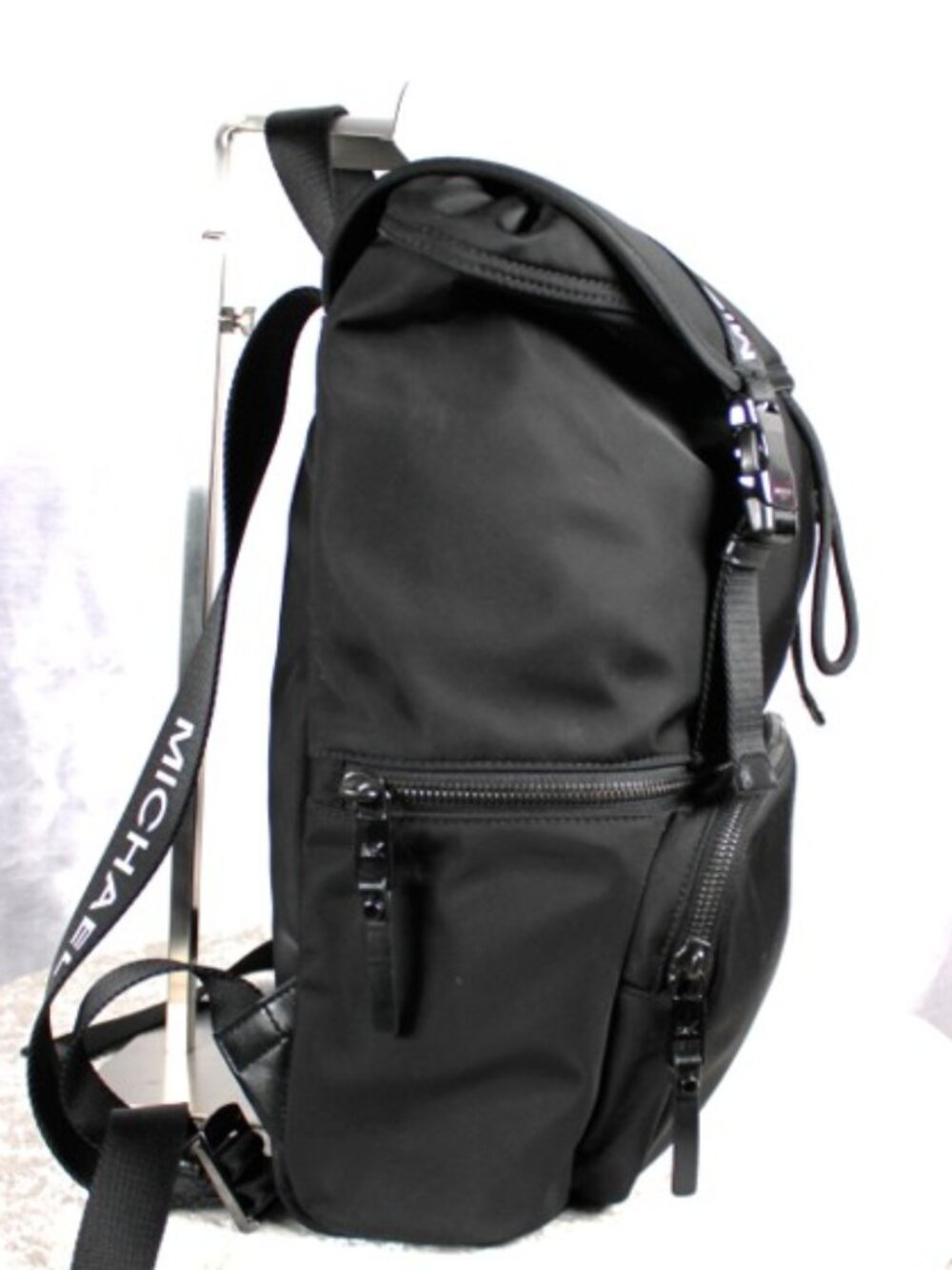 Michael Kors Black Nylon Backpack Logo Strap Buckle Drawstring Travel Bag - Picture 5 of 12
